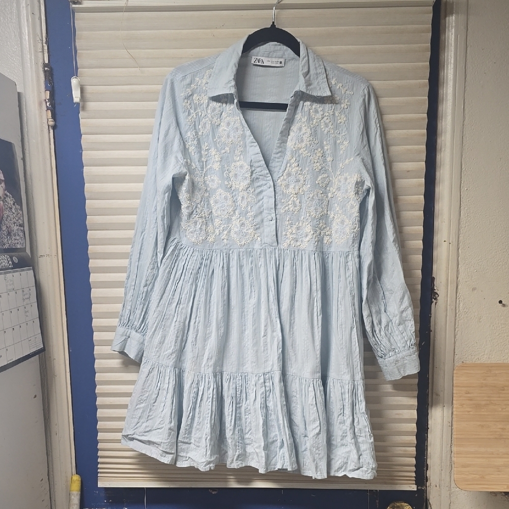 Zara Sky Blue Dress with White Floral Detail